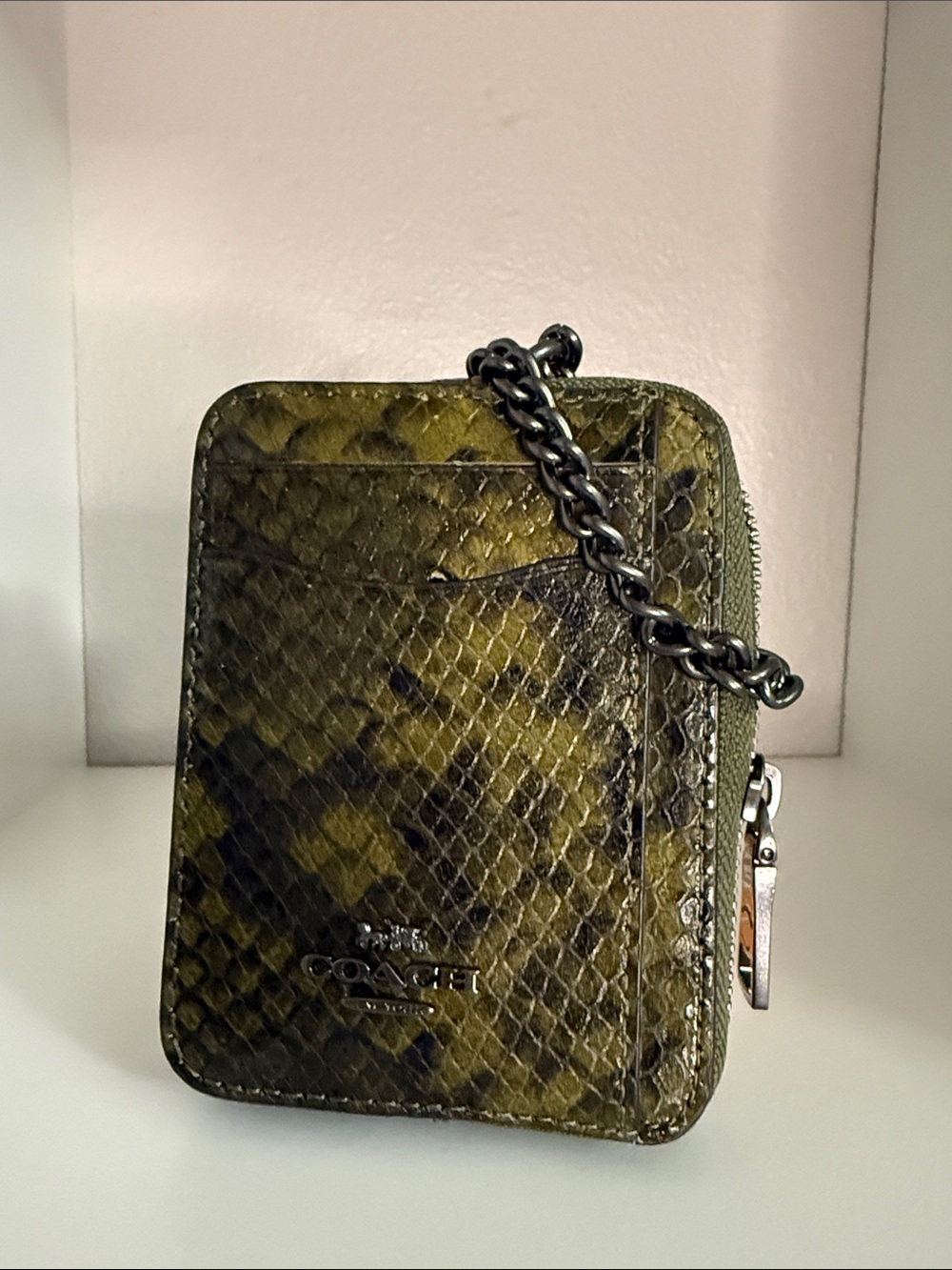 Coach Women's Zip Card Case in Olive Multi Python Print Leather.
